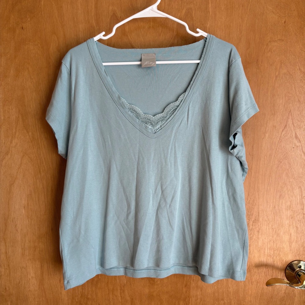 Poetry Blue V Neck T‎ Shirt Lace Trim Soft Cotton Casual Top US 20 UK 24